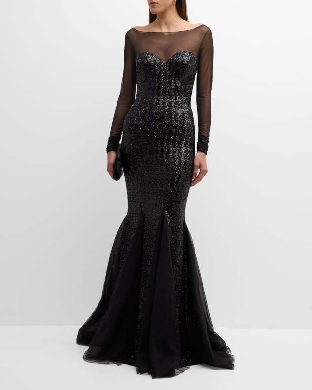 Illusion Sequin Godet Mermaid Gown